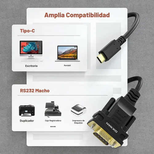 Vista 5 de Cable adaptador de puerto serie USB tipo C a RS232 DB9, chipset FTDI, compatible con Windows 11, 10, 8, 7 y Mac Linux