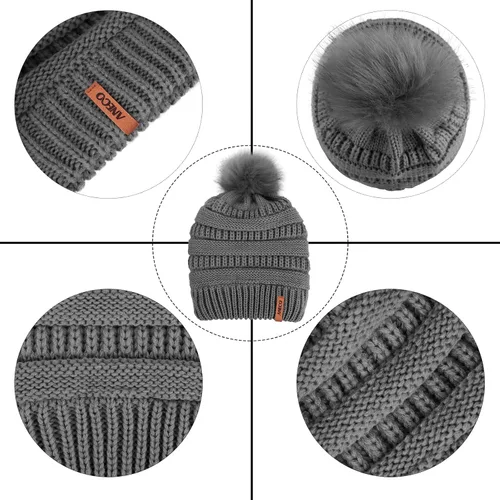 Vista 3 de Aneco Conjuntos cálidos de invierno para mujer con pompones de piel gorro bufanda circular guantes de pantalla táctil accesorios de invierno