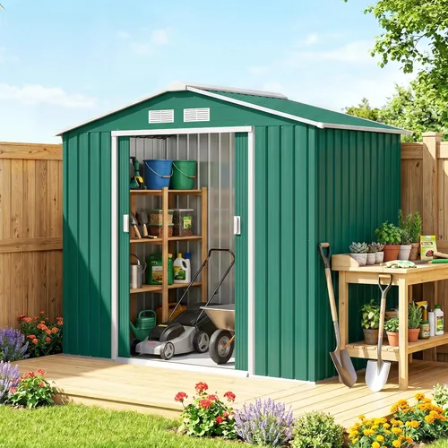 Vista 18 de Outsunny Cobertizo de almacenamiento exterior de 11' x 13', cobertizo de metal para herramientas de jardín con kit de cimentación, puerta con doble