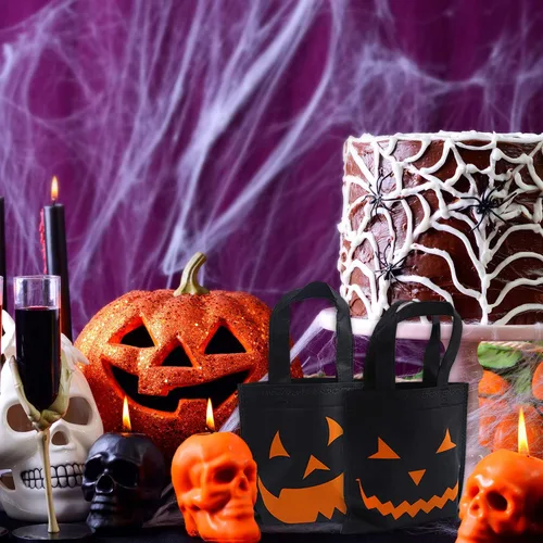 Vista 6 de Elcoho Paquete de 30 bolsas no tejidas de Halloween para pedir dulces o trucos, bolsas de calabaza, bolsas de regalo con asas, recuerdos de fiesta