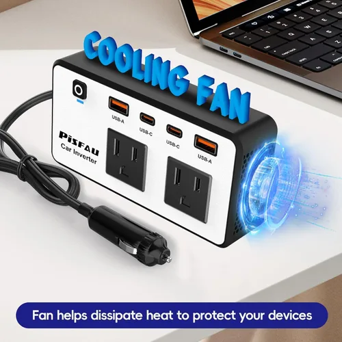 Vista 4 de Inversor de corriente para coche de 300 W, PiSFAU CC 12 V a CA 110 V Adaptador de enchufe de coche con múltiples USB [USB-C de 24 W] / Cargador