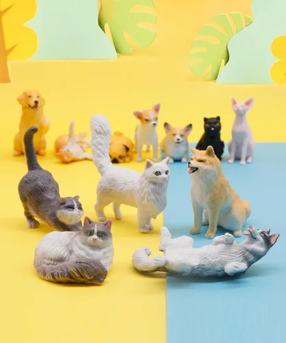 Vista 3 de RECUR Figuras de animales de gatos y perros, figura en miniatura para tartas, 100% pintada a mano, mini figura de mascotas para niños, 12