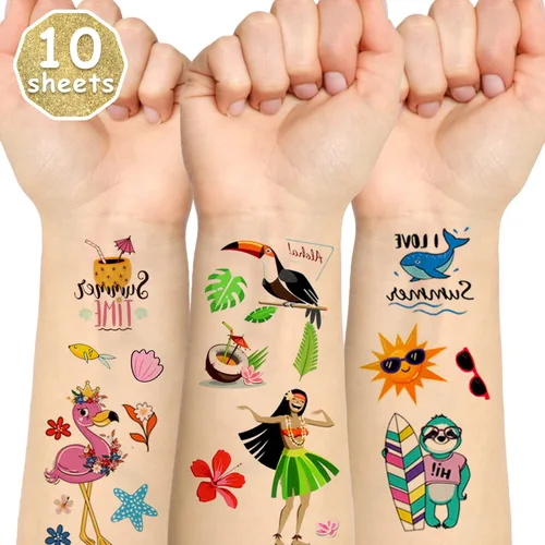 Vista 3 de LOMIMOS 138 calcomanías de tatuaje temporal hawaiano con temática de Luau, tropical de verano, playa, piscina, fiesta, para niños y adultos