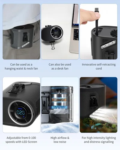 Vista 5 de Clip de cintura portátil 2025 y ventilador de cinturón personal, ventilador de camisa recargable con cable integrado ligero y retráctil, flujo