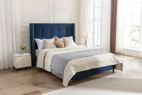 Vista 3 de Marco de Cama Tapizado, Cabecero Alto de 54", Marco de Cama Plataforma Tapizado Wingback para Dormitorios de Niños Adolescentes y Adultos Soporte