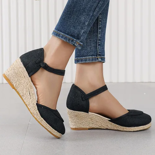 Vista 3 de Womenyiaor Sandalias de cuña con punta cerrada para mujer, alpargatas, negras, 8.5