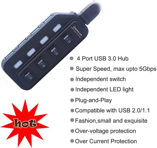 Vista 7 de ciway 4-Port USB 3.0 Hub con adaptador de alimentación y interruptores independientes Indicador LED luz (Negro)