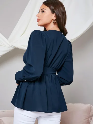 Vista 2 de Floerns Blusa de maternidad de manga larga con cuello en V y cinturón para mujer