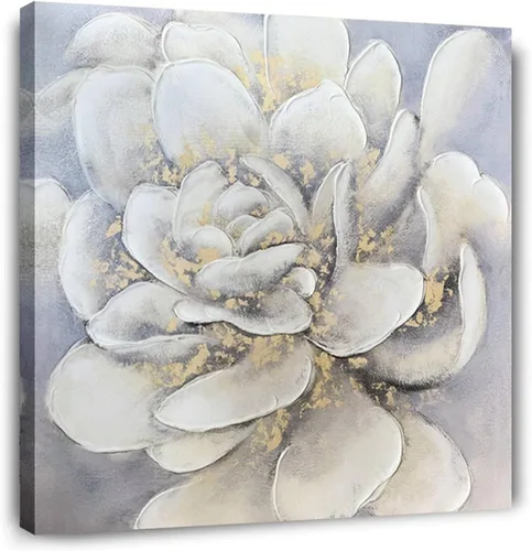 Vista 11 de Waowumar Lienzo decorativo de flores para pared, diseño de dalia azul y gris, pintura contemporánea con textura floral para decoración