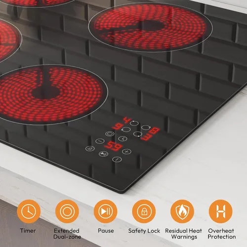 Vista 4 de Empava Cocina eléctrica de 24 pulgadas, 4 quemadores con zona de doble anillo, temporizador, bloqueo para niños, parar y continuar, vidrio cerámico