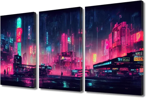 Vista 95 de Lienzo decorativo para pared de sala de estar, lienzo Cyberpunk, decoración de pared de 3 paneles, decoración de pared para el hogar, dormitorio