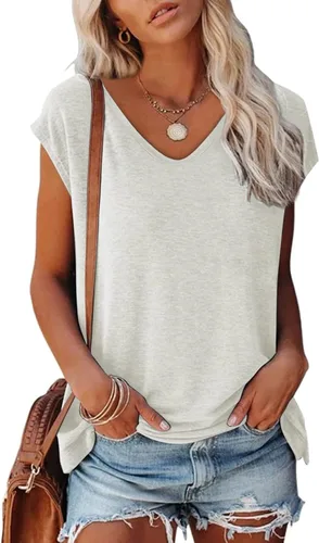 Vista 2 de Women's Cap Sleeve Tank Tops 2023 Summer V-Neck Solid Color Casual Shirts Tees Loose Fit Basic Daily Tunic Blouse