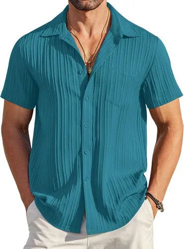 Vista 28 de COOFANDY - Camisas de botones casuales para hombre, de manga corta, con textura, camisa de playa de verano con bolsillo