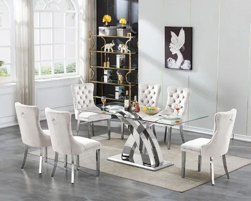 Vista 21 de Moderno juego de mesa de comedor de cristal de 5 piezas para 4, 70 pulgadas rectangular con 4 sillas copetudas de terciopelo beige, juego de mesa