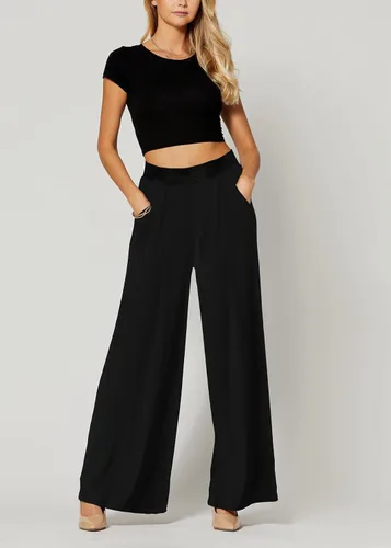 Vista 3 de Pantalones Palazzo de alta calidad para mujer con bolsillos, cintura alta, diseños sólidos e impresos, Palazzo, talla única