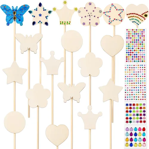 Vista 9 de El kit de varitas de hadas de princesa Pllieay incluye 18 piezas de 6 estilos de varita de princesa de madera sin terminar, coronas de papel dorado