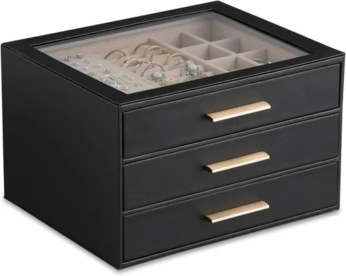 Vista 12 de Frebeauty Joyero para mujer, organizador de joyas con tapa transparente con 3 cajones Marrón Oscuro
