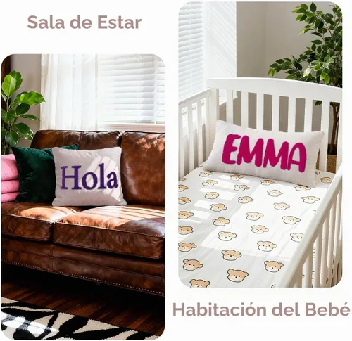Vista 3 de Funda de almohada lumbar con nombre bordado personalizado, funda de almohada de lino con monograma para sofá cama, funda de almohada personalizada