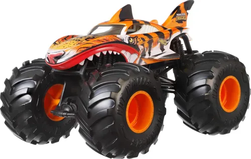 Vista 3 de Hot Wheels Monster Trucks, camión monstruo de gran tamaño, camión de juguete fundido a presión a escala 1:24 con ruedas gigantes y diseños geniales