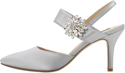 Vista 3 de ERIJUNOR Zapatos de tacón medio para mujer, con punta puntiaguda, broche de diamantes de imitación, zapatos de vestir de satén, zapatos de noche