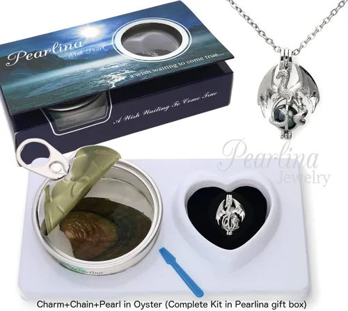 Vista 2 de Pearlina Juego de joyas de collar de perlas reales de dragón plateado Haz un deseo de éxito, amor, salud, riqueza Perla cultivada en agua fresca