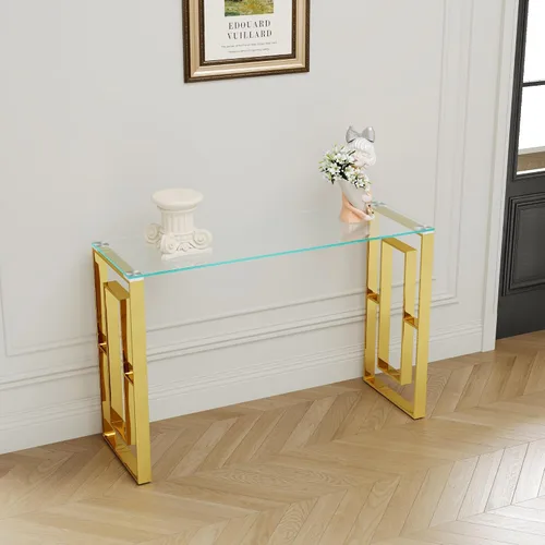 Vista 8 de Mesa consola de cristal, mesa auxiliar de sofá de 47.2 pulgadas con marco de acero inoxidable dorado y parte superior de vidrio templado