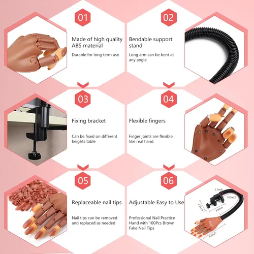 Vista 6 de Mano de práctica de uñas para kit de uñas acrílicas, mano de maniquí de uñas postizas para practicar uñas, dedo de entrenamiento de uñas con kit