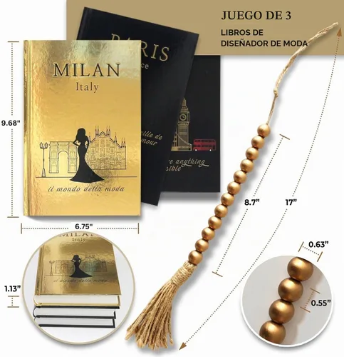 Vista 2 de SIMPLIFY ASTHETIC - Juego de 3 libros decorativos con cuentas de guirnalda dorada - Libros decorativos para mesa de café, decoración del hogar