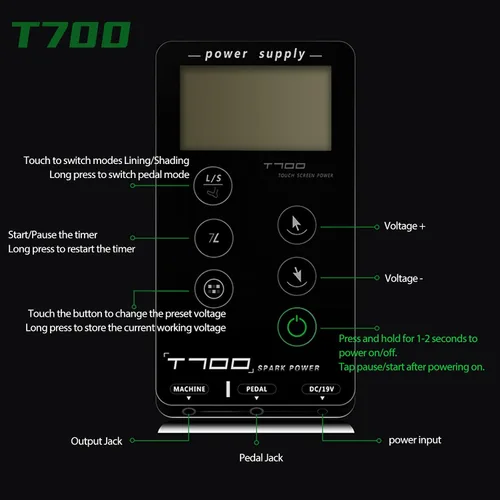 Vista 4 de Fuente de alimentación de tatuaje Dragoart T700, 3-18V, para máquinas