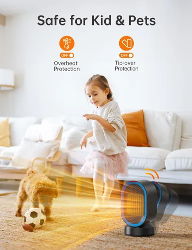 Vista 4 de TABYIK Calentador de espacio eléctrico para uso en interiores, pequeño calentador portátil oscilante de 45°, calentador personal oscilante