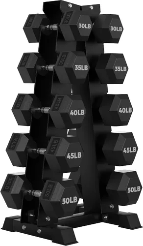 Vista 12 de HANDBODE Juego de mancuernas hexagonales recubiertas de goma con estante de marco en A, 100 libras - 600 libras, múltiples opciones
