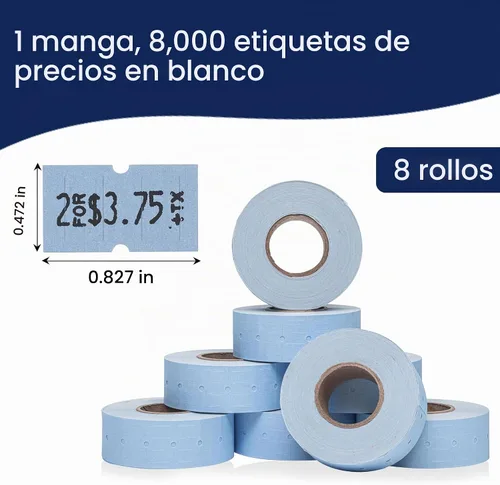 Vista 3 de Etiquetas azules Perco de 1 línea - 8 rollos, 1 funda, 8,000 etiquetas en blanco para pistolas de precio y fecha de 1 línea Perco - Fabricadas