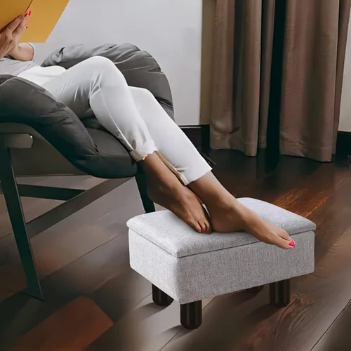 Vista 5 de Cpintltr Taburete de lino pequeño otomano rectangular para pies tapizado con patas de madera maciza, taburetes decorativos modernos, color gris