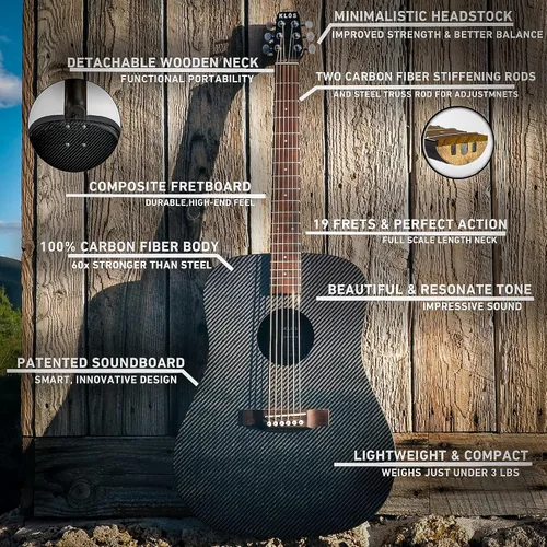 Vista 3 de KLOS - Guitarra acústica de fibra de carbono duradera, color negro con estuche, correa, cejilla y más
