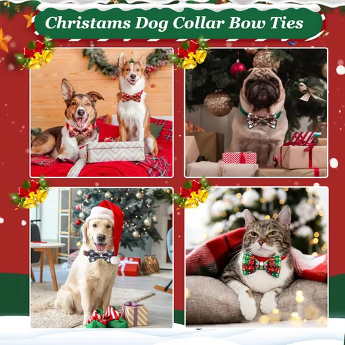 Vista 2 de Silkfly 60 piezas de collar de perro a cuadros de Navidad, corbatín a granel, accesorios de vacaciones, lazos para cachorros, collares desmontables