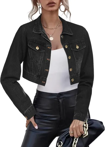 Vista 3 de Zeagoo Chaqueta vaquera recortada para mujer, de manga larga, con botones, básica, clásica