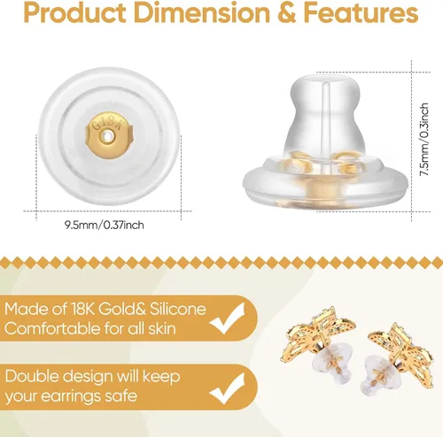 Vista 2 de Respaldos de Aretes, Respaldos de Aretes de Silicona de Oro 18K para Aretes de Botón/Orejas Caídas, Respaldos de Aretes con Cierre de Seguridad