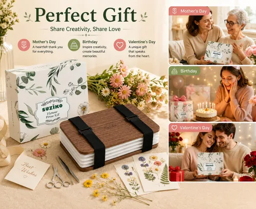 Vista 8 de Suziko Kit profesional de prensa de flores de 6 capas de 6.3 x 8.3 pulgadas, marrón, kit de prensado de flores para adultos y niños, gran regalo