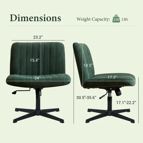 Vista 2 de Silla de escritorio sin reposabrazos, sin ruedas, silla de oficina tapizada de terciopelo ancho, patas cruzadas, asiento grande, altura ajustable