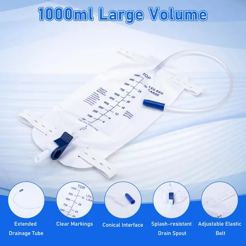 Vista 3 de Bolsas de pierna para catéter de 1000ml, bolsa de drenaje urinario para hombres y mujeres con válvula anti reflujo, tubos de 18 pulgadas y correas