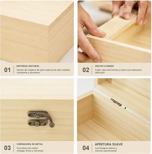 Vista 6 de JJSQ - Caja de almacenamiento de madera pequeña con tapa con bisagras, rectangular, sin terminar, sin pintar, caja de almacenamiento de madera