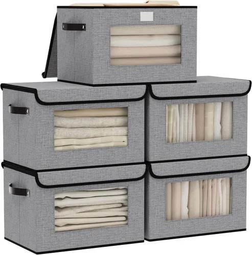 Vista 22 de Cajas de almacenamiento plegables con tapas, organizadores de armario de lino, contenedores de almacenamiento de 10.2 x 7.8 x 6.7 pulgadas para Beige