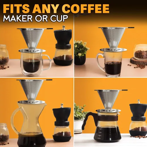 Vista 5 de Cafetera de acero inoxidable con cepillo de limpieza y mango de silicona antideslizante, capacidad para 2 tazas, malla 600 de malla de acero