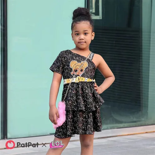 Vista 2 de L.O.L. Surprise! Vestido escalonado con estampado de figura de un hombro para niñas, vestido casual fluido, talla 6-12, Negro