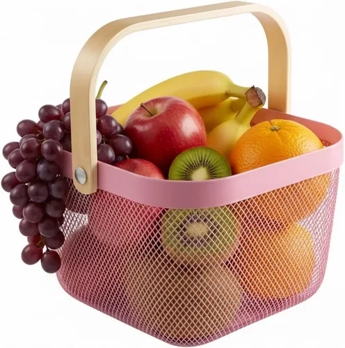 Vista 13 de Cesta organizadora de almacenamiento de malla de acero, cesta de frutas con mango de madera, ideal para cocina, baño, cestas de picnic, despensa