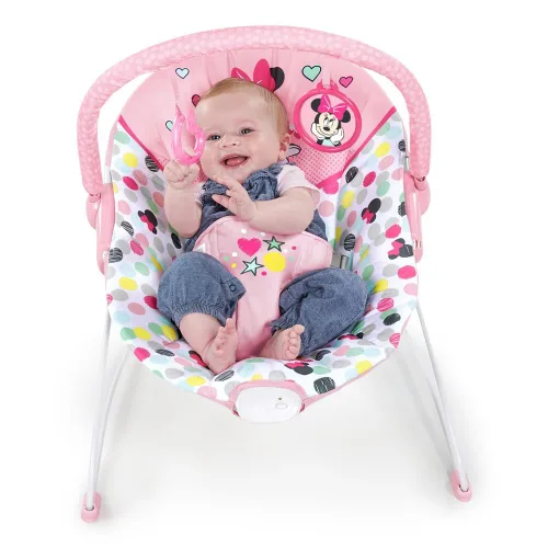 Vista 2 de Bright Starts Disney Baby Minnie Mouse Balancín para bebé con vibraciones relajantes y peluche Asiento para bebé - Barra de juguete extraíble, pies