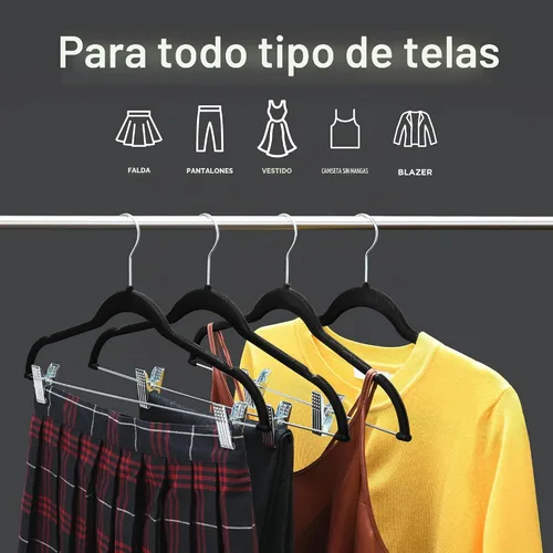 Vista 2 de Home-it - Perchas para pantalones con clips, 10 unidades, terciopelo negro, antideslizante, ahorro de espacio para pantalones, faldas, abrigos