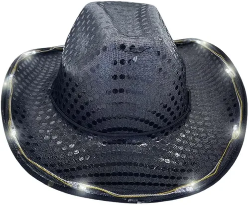 Vista 5 de Sombrero de vaquero con lentejuelas LED para fiesta de fiesta intermitente, fiesta de baile para cumpleaños, boda, festival, Halloween