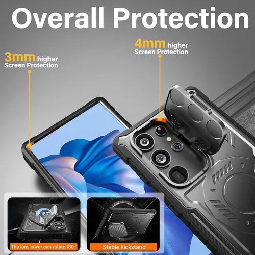 Vista 3 de FITO Funda para Samsung Galaxy S24 Ultra con protector de pantalla, grado militar, a prueba de golpes, con cubierta de cámara y soporte (negro)