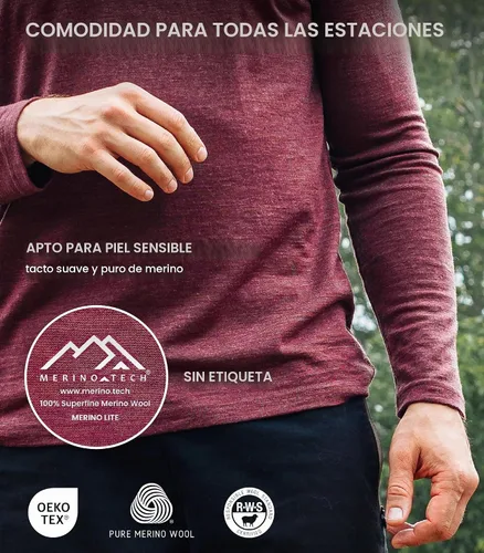Vista 4 de Camisas 100% de lana merino para hombre, ropa interior térmica, capa base 190 negro